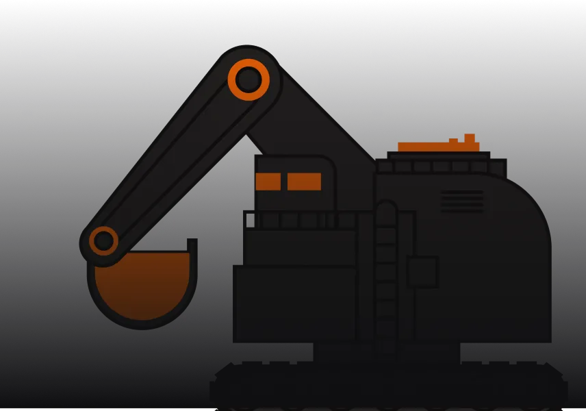 Illustration of an excavator with an orange bucket and accents on a dark background.
